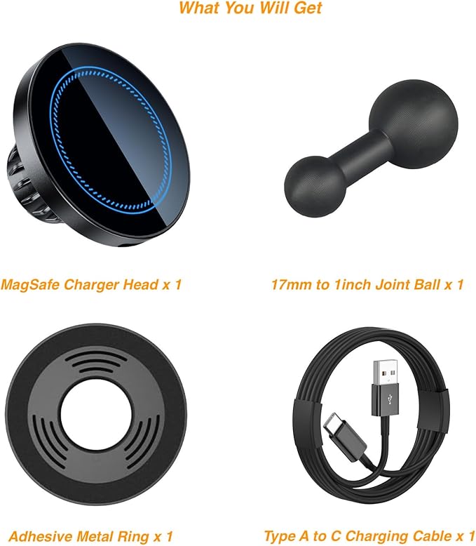 Magnetic Wireless Charging Phone Holder with 1 inch Ball Mount for MagSafe, Metal 1” (25mm) Ball for MagSafe Charger Compatible with RAM Mounts B Size Double Socket Arm