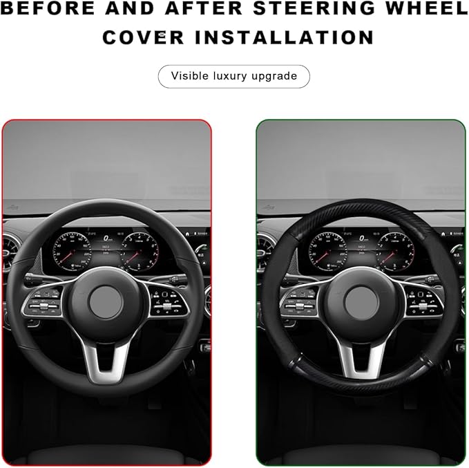 Car Breathable Steering Wheel Cover, Carbon Fiber Wear-Resistant Steering Wheel Protector for Comfy Grip, Universal Non-Slip Leather Wheel Sleeve for Most Car SUV Truck (Black)