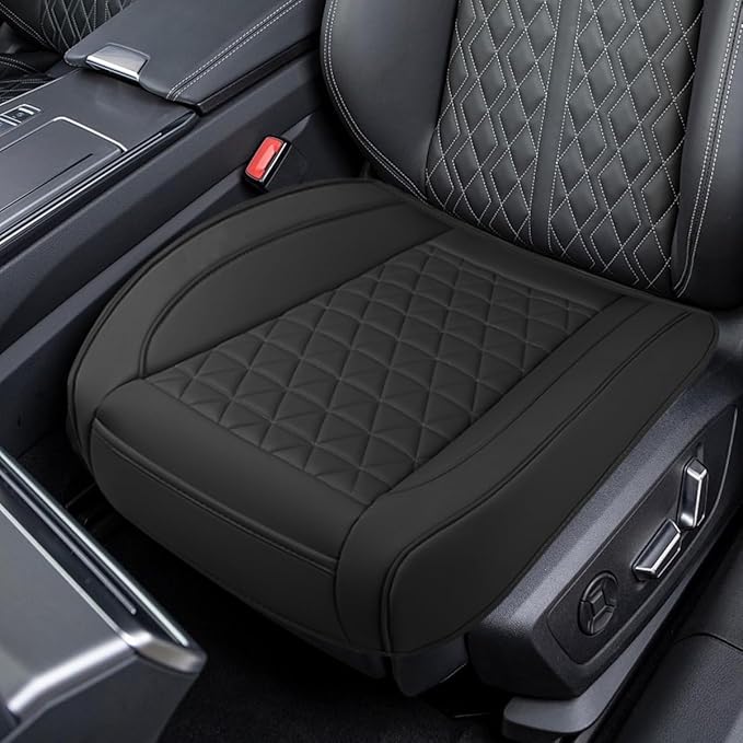 Luxury Faux Leather Car Seat Cover, Anti-Slip Waterproof Universal Front Bottom Seat Protector with Storage Pocket, Triangular Pattern Vehicle Seats Cushion for Sedans, SUVs, Trucks (Black)