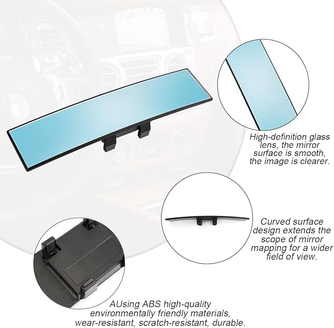 Car Rearview Mirror, 12 Inch Panoramic Wide Angle Anti-Glare, Clip on Auto Rear View Mirror, HD Clear Convex Surface, Car Interior Accessories Universal for SUV, Truck, Van, Vehicles (Blue)