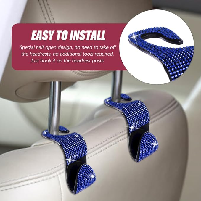 2 Pack Car Seat Headrest Hook, Bling Car Hooks Front Seat, Back Seat Organizer Hanger Storage Hook Car Purse Hook for Bags, Clothes, Coats, Grocery Bags (Blue)