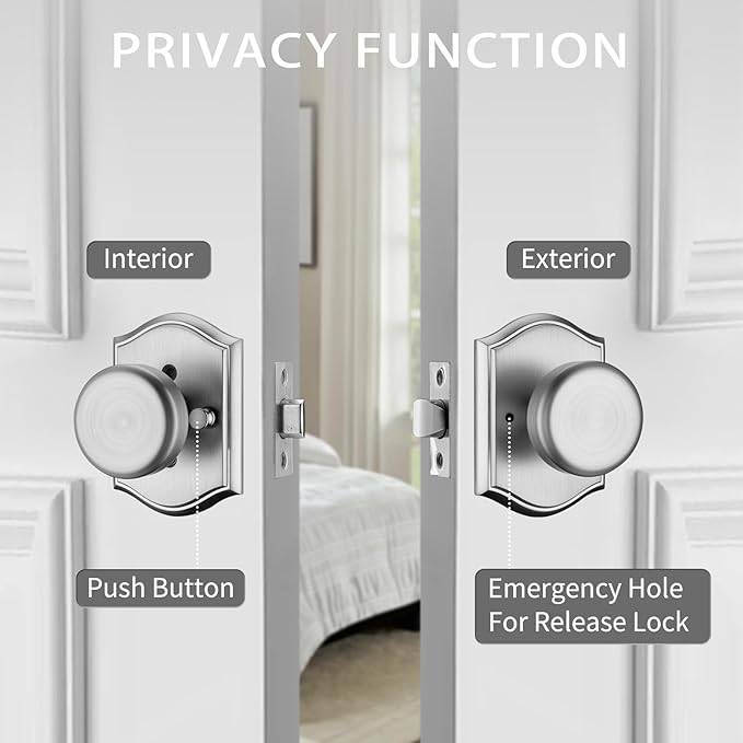Interior Pismo Doorknobs for Bath & Bedroom, Brushed Nickel Door Knobs with Camelot Trim, Heavy Duty Door Knob with Lock