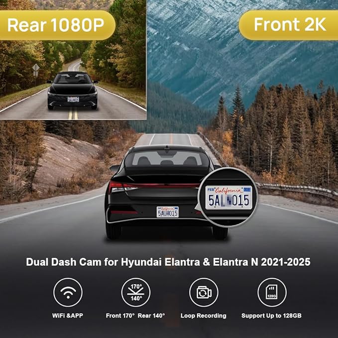 Fitcamx 2K Dual Dash Cam for 2021-2025 Hyundai Elantra SE SEL Limited N Line Blue Manual (AA000), OEM Style, Front 1440P+Rear 1080P Video, WiFi & APP, Loop Recording, G-Sensor, Easy to Use, 64GB Card