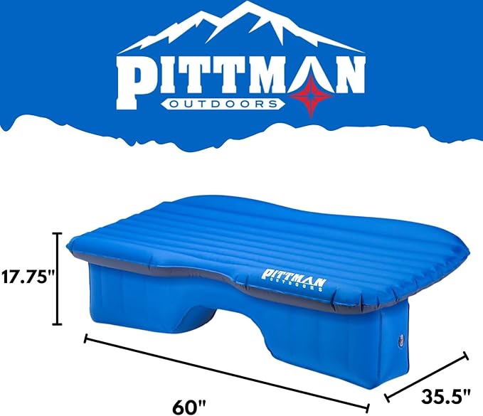 Pittman Outdoors Backseat Bed Air Mattress – 60” Rear Seat Air Mattress for Trucks, Vans & Large SUV – Includes Pump, Pillow & Storage Bag – Inflatable Back Seat Air Mattress – Blue