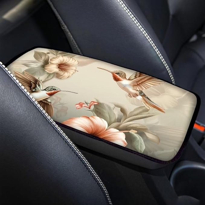Coldinair Vintage Hummingbird Floral Car Armrest Cover,Auto Center Console Pad,Soft Seat Box Cover Protector Cushion,Car Accessories Decor for Most Cars,Sedan,Truck,SUV