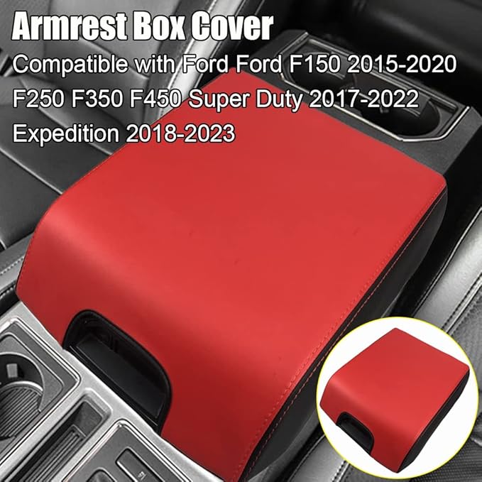 XITER 1PC Leather Center Console Armrest Box Cover Waterproof Cushion Pad for F150 2015-2020 F250 F350 F450 Super Duty 2017-2022 Expedition 2018-2023(Red+Black)