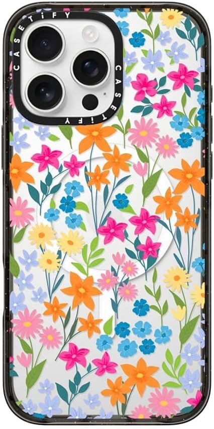 CASETiFY Impact Case for iPhone 16 Pro Max [Slim / 8.2 ft. 4X Military Grade Drop Protection/Compatible with Magsafe] - Bright Spring Flowers - Clear Black