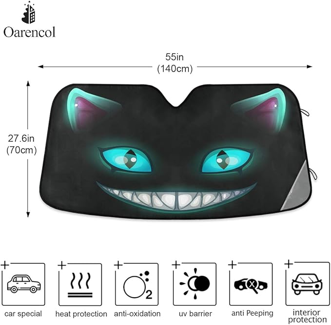 Fantasy Scary Laugh Cat Black Cheshire Halloween Car Windshield Sun Shade Foldable UV Ray Sun Visor Protector Sunshade to Keep Your Vehicle Cool (55" x 27.6")