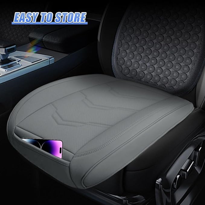 Luxury Faux Leather Car Seat Cover - Anti-Slip Waterproof Drive Seat Cushion Car Front Bottom Seat Cover with Storage Pocket - Universal Full Wrap Seats Protector for Cars SUV Trucks(Gray)