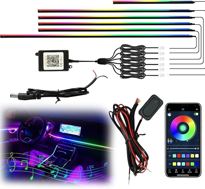 Interior Car Strip Lights Dreamcolor Acrylic Car Decorative Lights with APP Control Multicolor Internal Lighting Kit Music&DIY Function Ambient Fiber Optic Strip Valentine’s Day's Decor