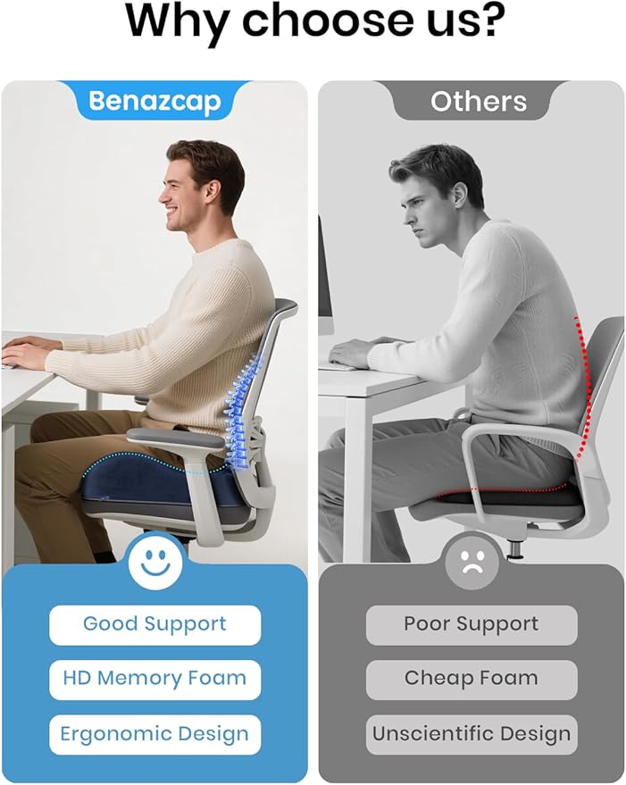 Benazcap Seat Cushion - Memory Foam Car Seat Pad - Sciatica & Lower Back Pain Relief - Car Seat Cushions for Driving - Road Trip Essentials for Drivers, Dark Blue