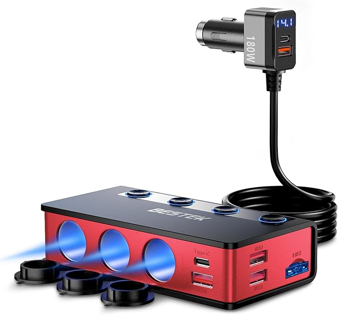 BESTEK 9 in1 Cigarette Lighter Splitter with 180W 3-Socket PD36W/65W Cigarette Lighter Adapter and QC3.0 18W Charging Ports, Car Cigarette Lighter for Dash Cam, GPS, iPad/Laptop/Phone