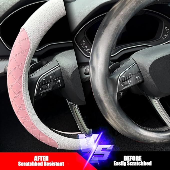 LKWLIKEI Nappa Leather Steering Wheel Cover,Elegant Diamond Checkered Design, Non-Slip wear-Resistant, Enhance Driving Comfort, Suitable for Steering Wheel Diameter 14 1/2‘-15’ Models.White and Pink