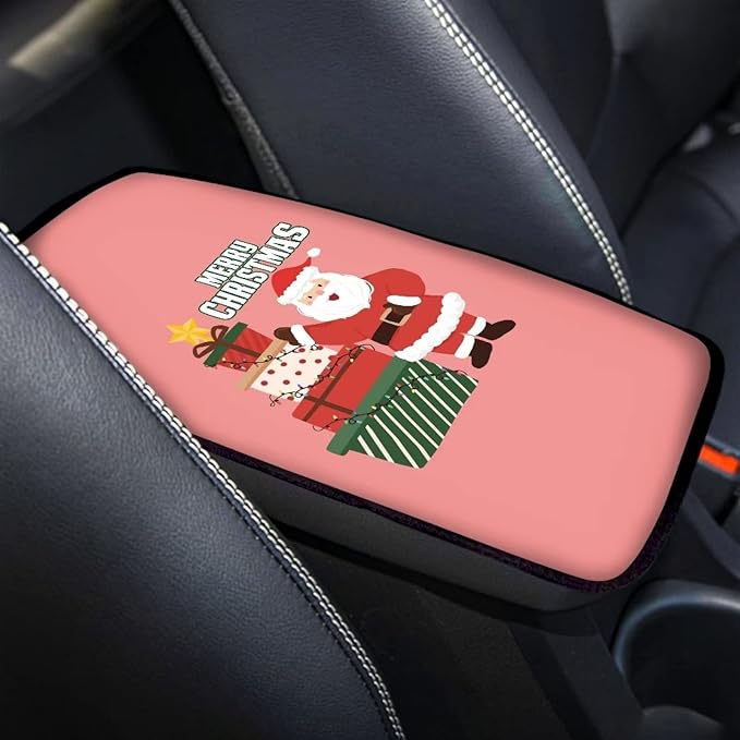 JEOCODY Pink Merry Christmas Santa Claus Console Armrest Cover Pads Car Interior Accessories Decor Seat Box Cover Protector