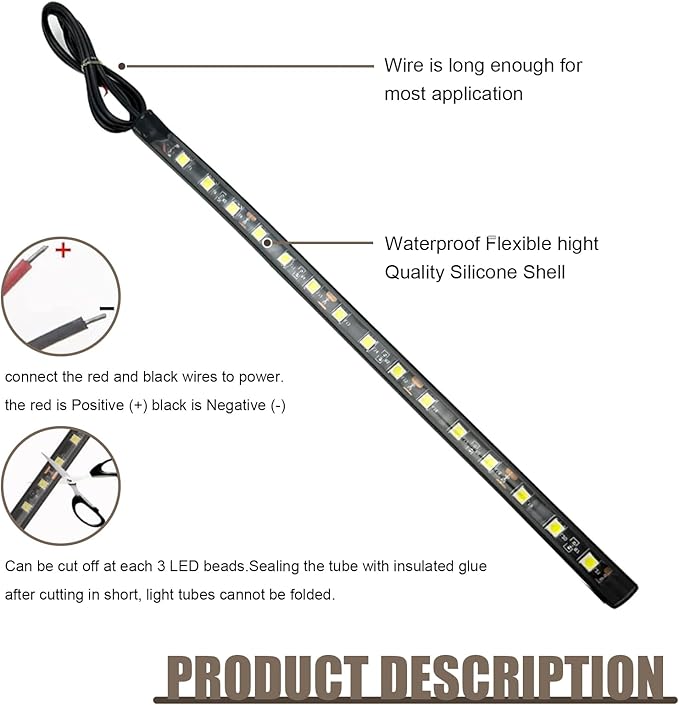 4 PCS Car LED Strip Lights, 5050-15SMD High Brightness Flexible Lamp Strips, IP67 Waterproof 12V DC Bulb with Back-Adhesive, Universal Ambient Lighting for Cars Motorcycles Boats (White)