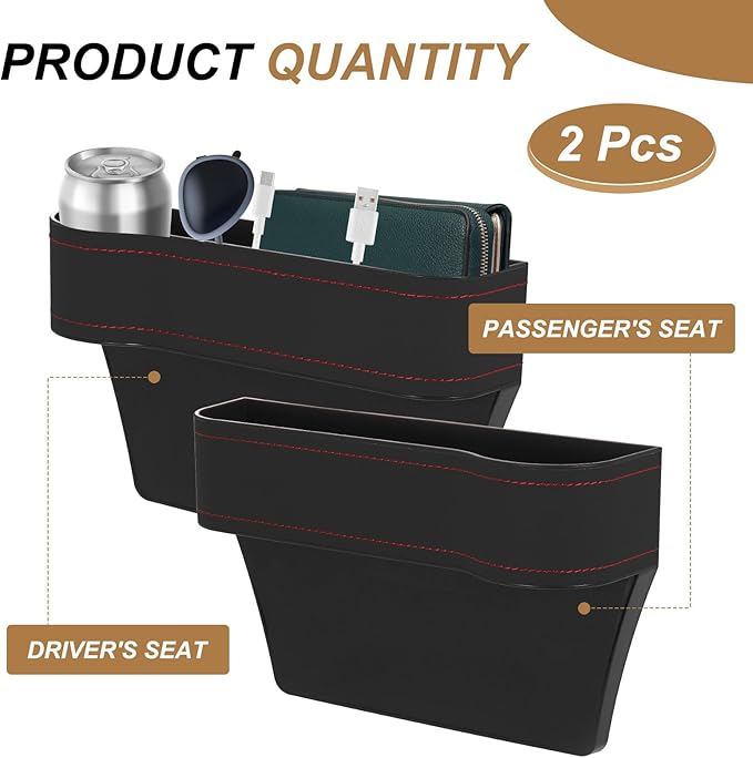 HARFINGTON 2pcs Car Seat Gap Filler Organizer 10.2 x 6.5 x 3.1 Inch ABS+Leather Universal Car Organizer Storage Box Between Seat and Console (Left+Right) with Cup Holders for Phone, Black