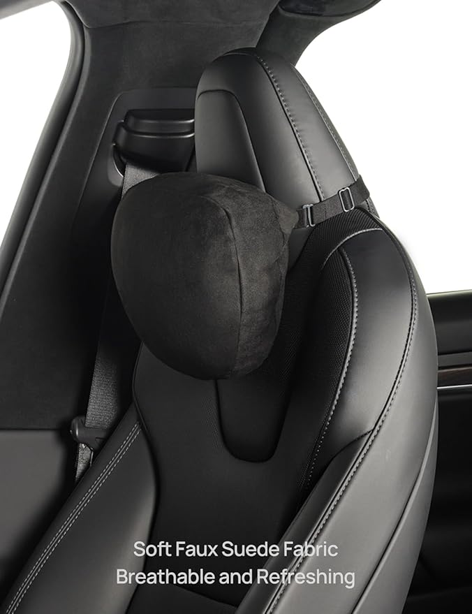 TPARTS Headrest Neck Pillow for Tesla Model 3/Y/X/S, Soft Faux Suede Fabric Car Neck Support Pillow Cushion for Traveling (Filled with Dupont Sorona Fiber)-Set of 2 Black