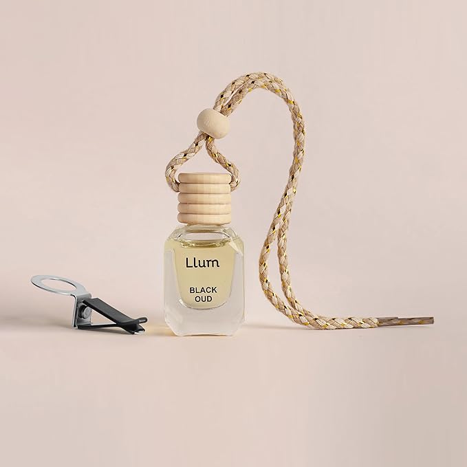 Llum Black Oud Hanging Car Air Freshener – Luxury Automotive Perfume Diffuser 10ml (0.34 fl oz), Long-Lasting Fragrance, Alcohol-Free Non-Toxic Car Scent, Glass Bottle With Wood Cap & AC Vent Clip