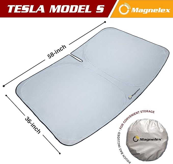 Magnelex Tesla Windshield Sunshade for Model S 2012-2026 - Reflective 240T Material Car Sun Visor with Mirror Cut-Out. Tesla Model S Sunshade | Foldable Sun Shade for Sun Heat and UV Protection