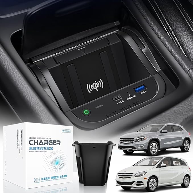 Wireless Car Charger for Mercedes-Benz GLA GLB CLA A-Class B-Class 2013-2019, OEM Custom Fit with 27W USB-A & Type-C Wireless Fast Phone Charging Pad for Mercedes-Benz Interior Accessories