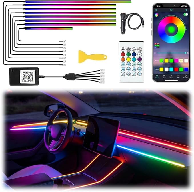 Acrylic Interior Car LED Lights with Remote and Wireless APP, Ambient Lighting Kits Fiber Optic Strip LEDs,16 Million Colors Music&DIY Function (8 in 1)