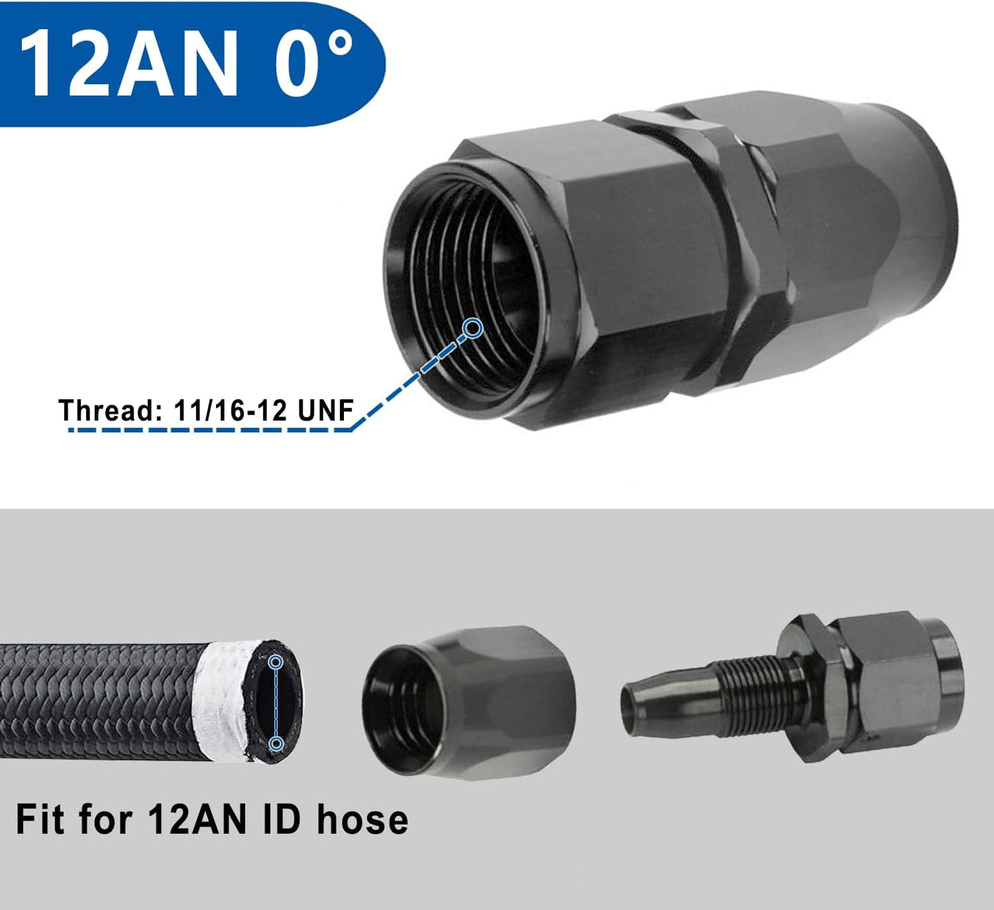 LokoCar 12AN Hose End Fitting 0 Degree Straight Swivel For CPE Braided Hose Black 2Pcs