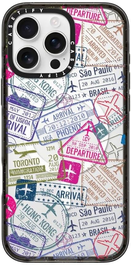 CASETiFY Impact iPhone 16 Pro Max Case [Slim/Compatible with Magsafe / 8.2 ft. 4X Military Grade Drop Protection] - Travel Stamps - Clear Black