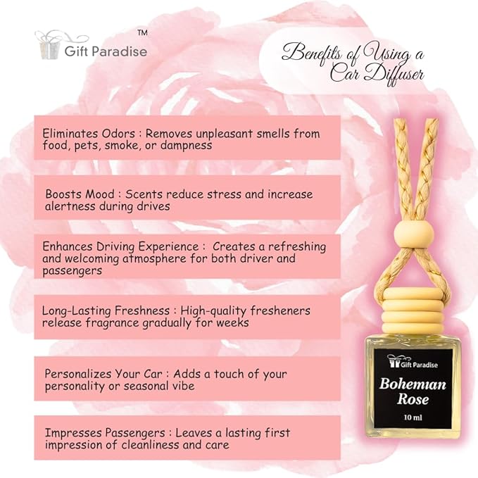 Gift Paradise® Bohemian Rose Hanging Car Air Freshener Set of 3 – Premium Wooden Diffusers with Long-Lasting Floral Fragrance for Car, Closet & Office | Gift-Ready Luxury Scent