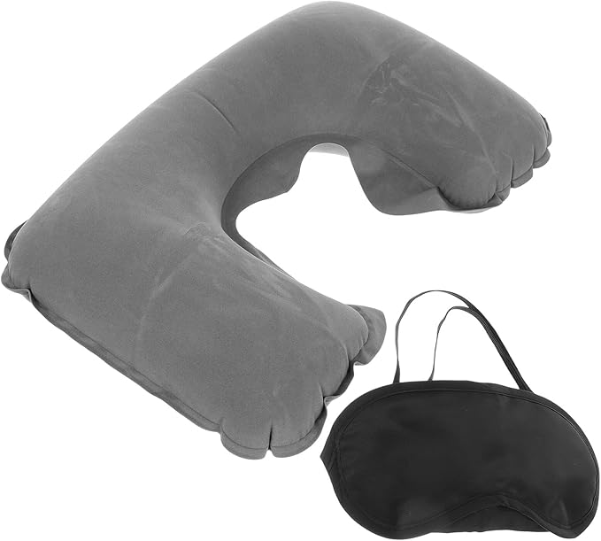 SUPVOX Inflatable Travel Neck Pillow U-Shaped with Blackout Eye Mask and Set, Lightweight Airplane Pillow for Flight Comfort and Sleep, Portable Gray Travel Accessory Kit