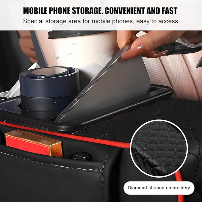 Car Armrest Cushion, 5-in-1 Nappa Leather Vehicle Centre Console Cover with 2 Storage Pockets, Cup Phone & Phone Holder, Multifunctional Auto Organiser Accessories, Universal Fit (Black/Red)