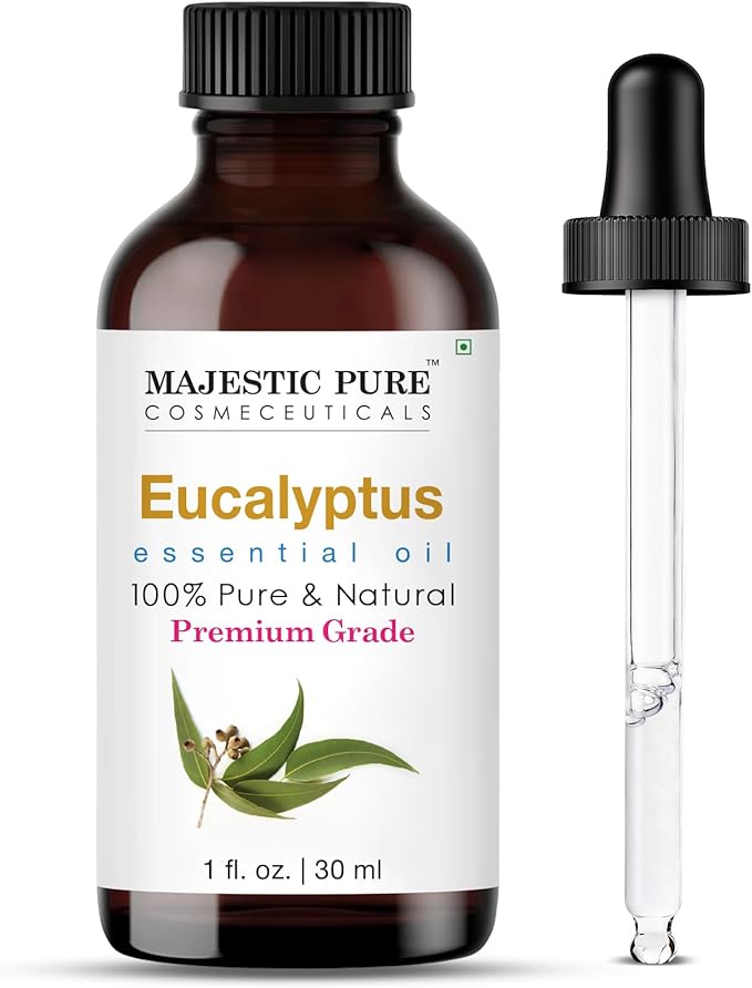 Majestic Pure Essential Oil with Glass Dropper - 100% Pure and Natural - Essential Oils for Diffuser, Aromatherapy, Soap and Candle Making, Eucalyptus Essential Oil, Eucalyptus Oil, 1 Fl Oz