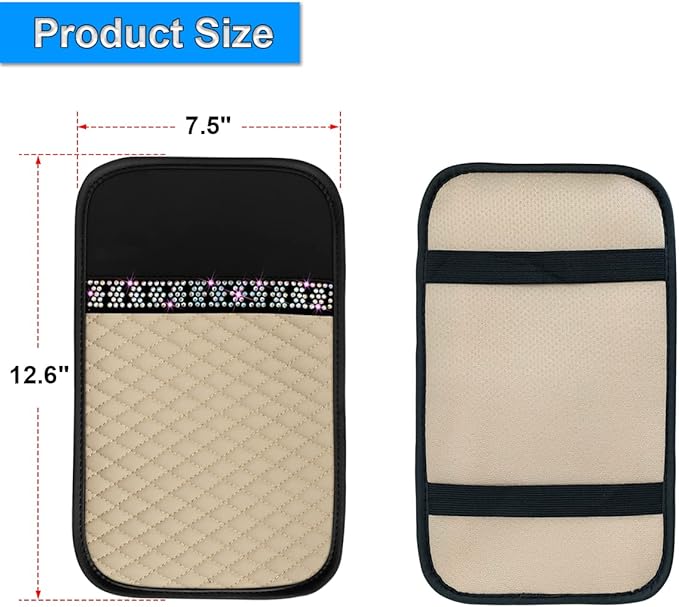 Bling Leather Car Center Console Cover, Car Center Console Protector With Glossy Crystal Rhinestone, Universal Waterproof Car Armrest Seat Box Cover For Most Car, Vehicles, SUVs, Trucks (Beige)
