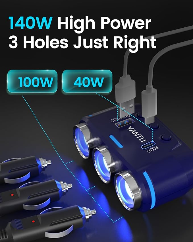 YANTU QC3.0&PD 40W Cigarette Lighter Adapter, 3-Socket 140W Cigarette Lighter Splitter with 12v USB Outlet,Car Charger Adapter with Double/Dual/USB C Charger Multi Port/Plug Outlet for Car Devices