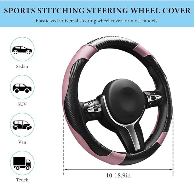 Car Steering Wheel Cover, 15 Inch Anti-Slip Stretch Leather Steering Wheel Protector, Comfortable Breathable Sporty Steering Wheel Cover for Women Men, Car Accessories (Black & Pink)