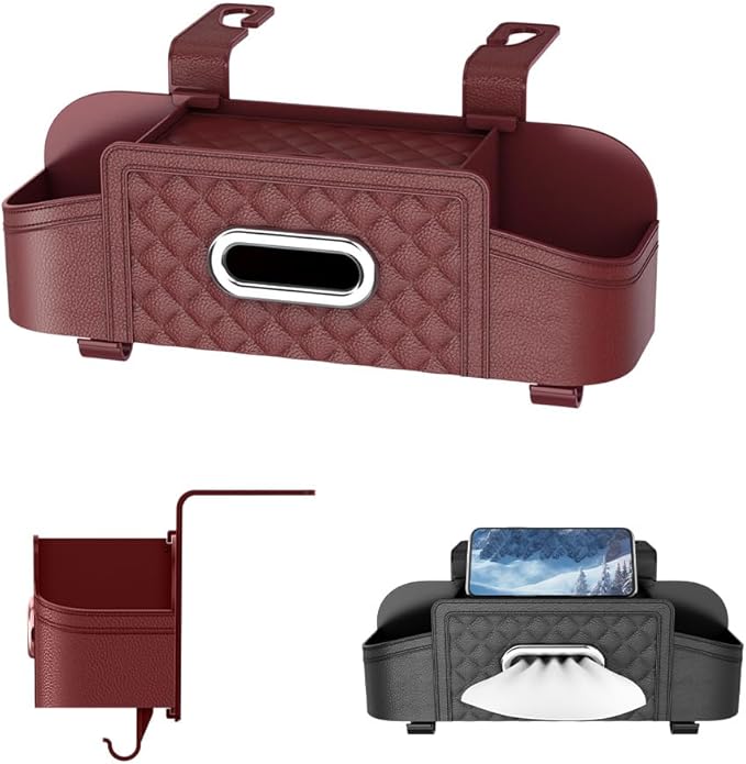 3-in-1 Car Backseat Organizer with Cup Holder Tissue Box and Hooks, Multifunctional Car Seat Back Storage Box, Car Headrest Backseat Organizer for Travel SUV Sedan Truck Car Accessories (Red)