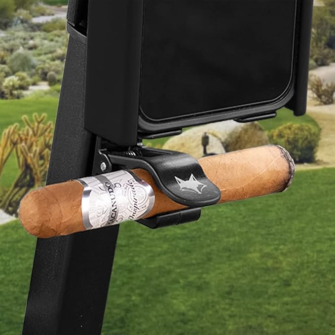 Desert Fox Golf Phone Caddy + Cigar Holder – Adjustable Golf Cart Phone Mount with Secure Cigar Clip – Hands-Free GPS & Golf App Access – Fits All Phones & Cigars (Black)