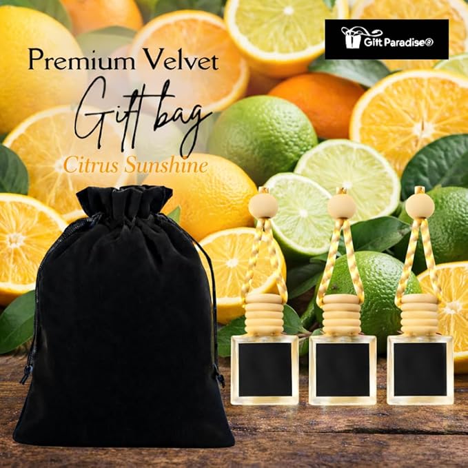 Gift Paradise® Citrus Sunshine Car Air Freshener Set of 3 (10 ml Each) – Hanging Diffuser Bottles with Wooden Cap, Fresh Lemon Orange Citrus Scent for Car, Home & Office, Long-Lasting Summer Fragrance