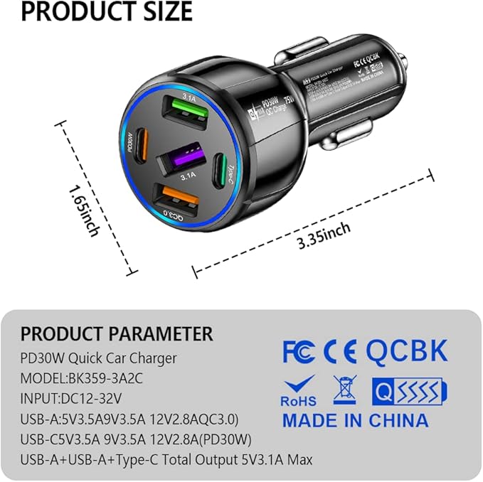 75W Ultra-Fast Car Charger, 30W/QC3.0/Type C 5-Port Smart Shunt 12 Volt Car Adapter Cigarette Lighter USB Charger Compatible with iPhone 14 Pro MAX/13,MacBook Pro,iPad Pro (3USB+2PDBlack)