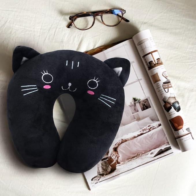 Travel Pillow for Kids, Cute Animal Neck Pillow Support U Shaped Cushion Plush Soft Rest Reading Pillows Sleeping Pillows for Airplane Train Car (Color:Black cat)