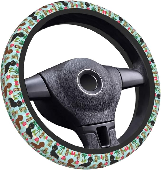 Elastic Steering Wheel Cover Car Accessories Cute Universal 15 Inch Absorbing Sweat Non-Slip Breathable for Man Woman, Cute Dachshund Floral