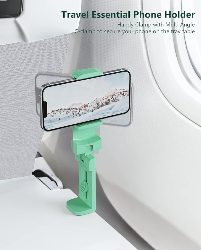 MiiKARE Travel Essentials Airplane Phone Holder, Universal Handsfree Phone Mount for Flying with 360 Degree Rotation, Travel Must Haves Phone Stand for Desk, Tray Table, Green