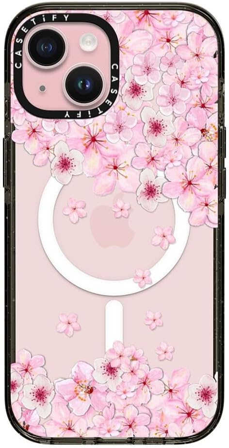 CASETiFY Impact iPhone 15 Case [4X Military Grade Drop Tested / 8.2ft Drop Protection/Compatible with Magsafe] - Sakura Cherry Saturday - Clear Black