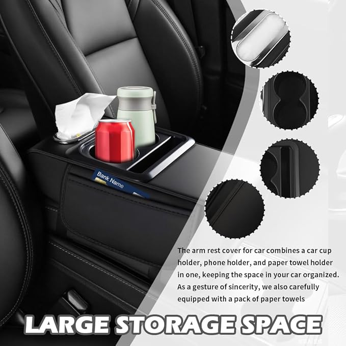 4 in 1 Center Console Cover,Multifunctional Car Armrest Storage Box with Cup Holder& Phone Holder& Car Tissue Holder,7.68 * 13.98" Arm Rest Cover for Cars with 2 Side Pockets