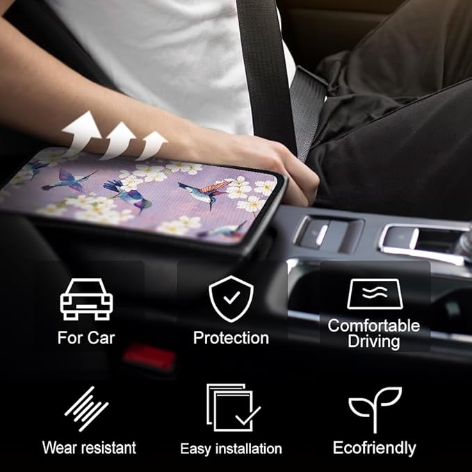 1pc Center Console Armrest Cover Pad 12.6x7.5 inch Flower with Hummingbird Neoprene Car Armrest Cushion Waterproof Armrests Seat Box Cover Protector for Universal Cars Vehicles SUVs