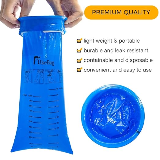 PukeBag 50 Pack Emesis Bag, Disposable Vomit Bags, Aircraft Barf Car Sickness Nausea Bags for Travel Motion Sickness
