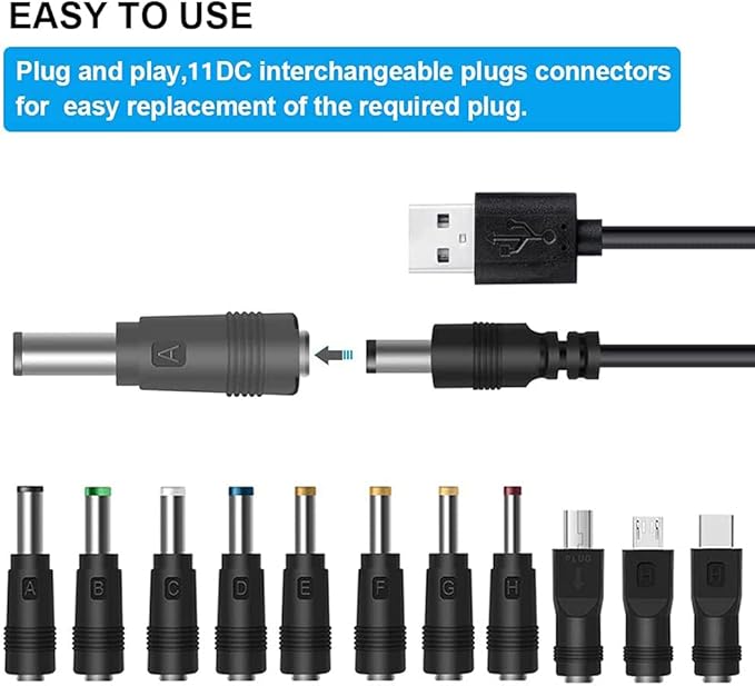 12V Car Charger(Max 10A) + 5V DC Power Cable,with 11 Connectors for DVD Player,Camera,GPS,Bluetooth Speakers,Shaver Fans