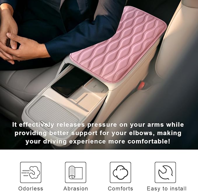 Car Center Console Cushion Pad, 12.48×7.40 Inches Waterproof Car Armrest Seat Box Cover, Comfortable PU Leather Vehicle Armrest Cover Protector, Car Decor Interior Accessories (Pink)