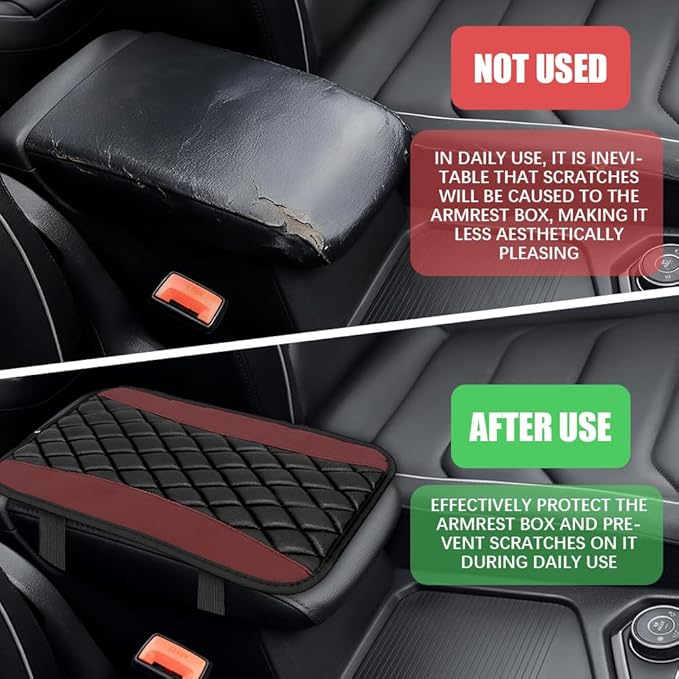 Car Center Console Cushion Pad, Arm Rest Covers, 12.6"×7.5" Leather Waterproof Auto Armrest Seat Box Protector, Auto Comfortable Center Console Cover Universal for Most Vehicles (Wine Red)