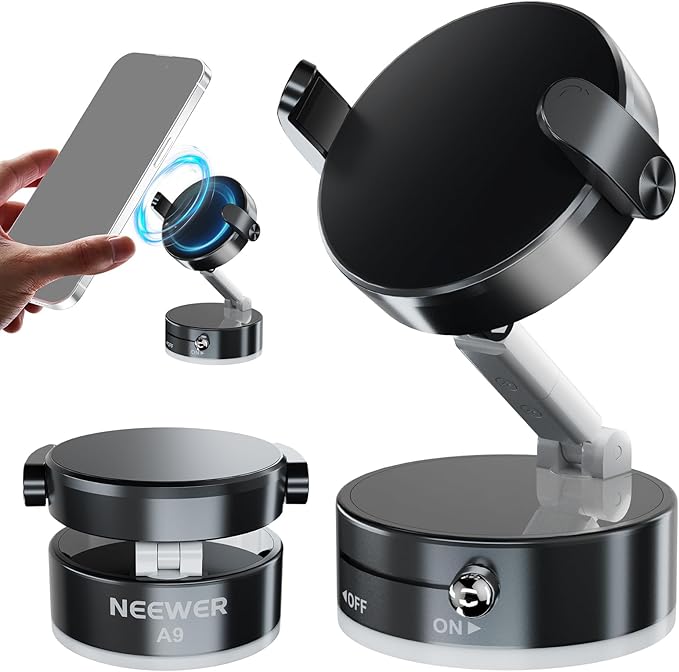 NEEWER ENTRY LEVEL VERSION Magnetic Cell Phone Holder Mount Stand Foldable with Vacuum Suction Cup for Your Car Windshield Dash Gym, 360 Rotating Compatible with MagSafe iPhone for Video Recording, A9