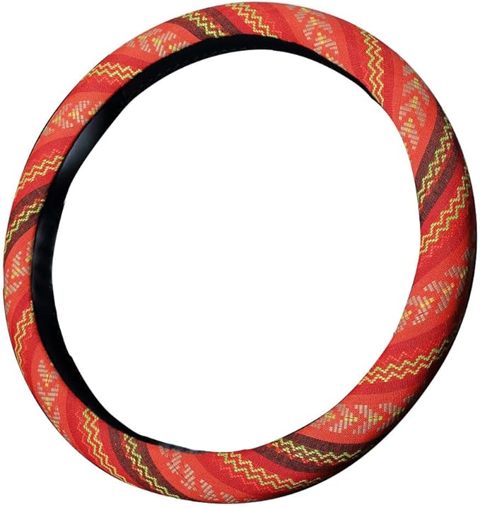 Ethnic Style Coarse Flax Cloth Automotive Steering Wheel Cover Anti Slip and Sweat Absorption Auto Car Wrap Cover (J, 14.5''-15'')